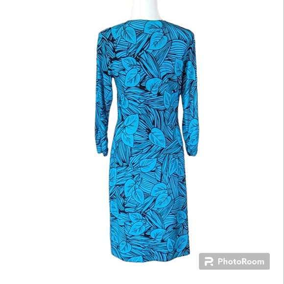 VTG Laura Ashley Turquoise Teal Mocha Brown Jersey Knit Bodycon Midi Dress S/M - Picture 4 of 10